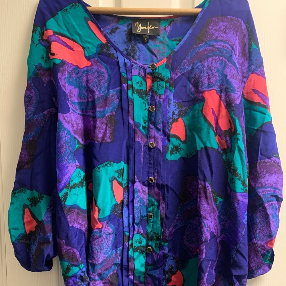 EUC Yumi Kim small S silk blouse v-neck blue green